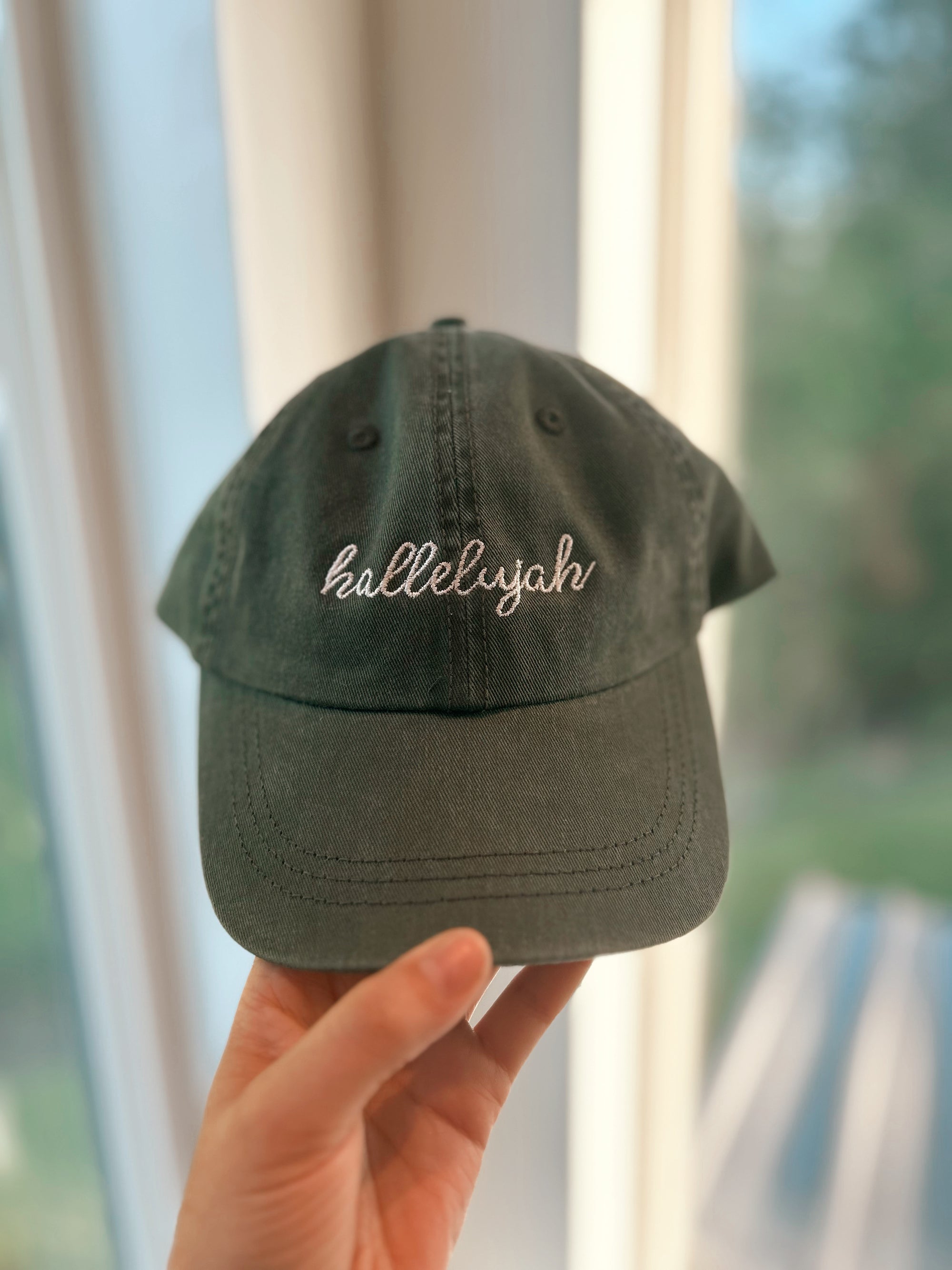 Hallelujah Embroidered Dad Cap - Distressed Green